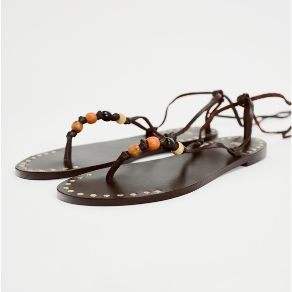 NWT Zara Woman BEADED LACE UP LEATHER SANDALS Shoes Size 8 - Picture 7 of 13